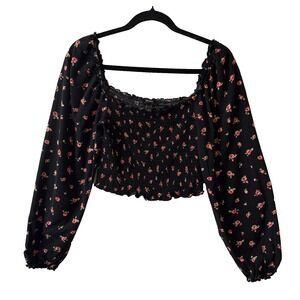 Forever 21 Ditsy Floral Smocked Balloon Long Sleeve Cropped Top M Romantic Boho